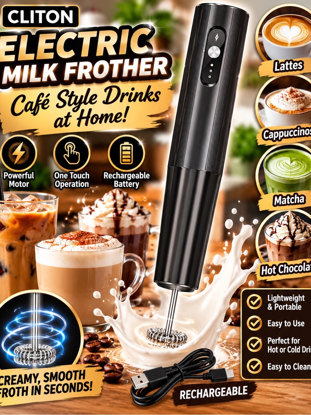 Electric Milk Frother - Black | Rechargeable Handheld Frother